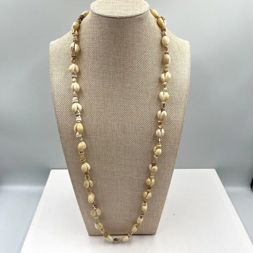 Vintage Off White Cowrie Shell Strand Necklace Long Hawaiian Beach Boho Tropical